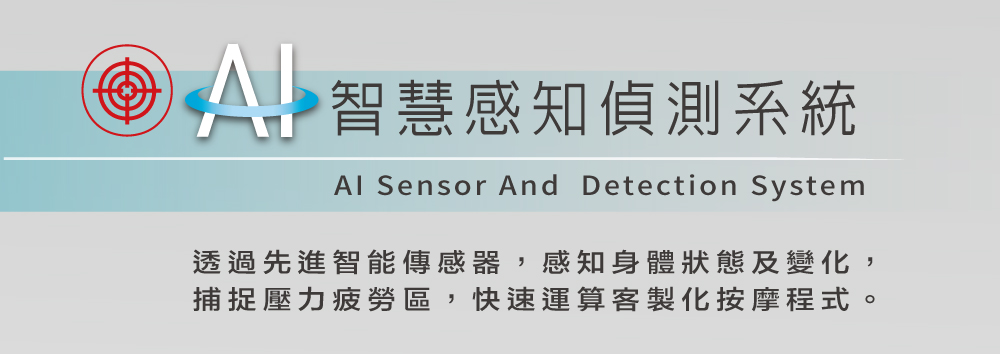 智慧感知偵測系統 Sensor And Detection System透過先進智能傳感器,感知身體狀態及變化,捕捉壓力區,快速運算客製化按摩程式。